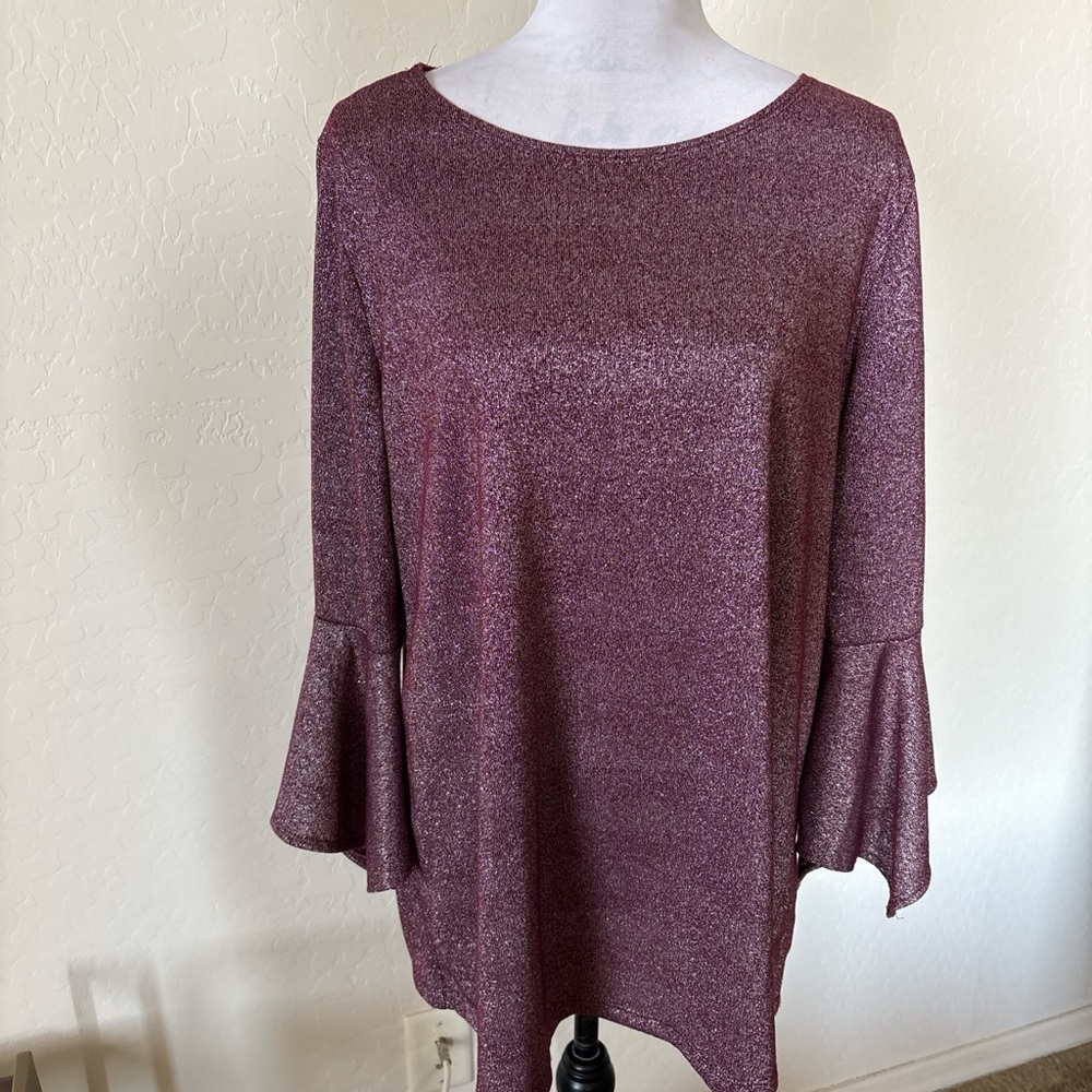 Slinky Brand women’s Burgundy metallic Blouse with bell 3/4 sleeves. XL USA